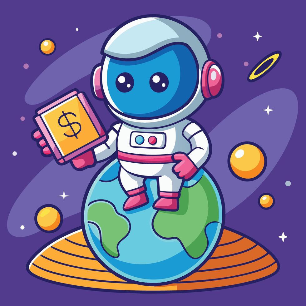 Cute Rich Astronaut Posing on a Planet with Stacks of Money and Planets vector