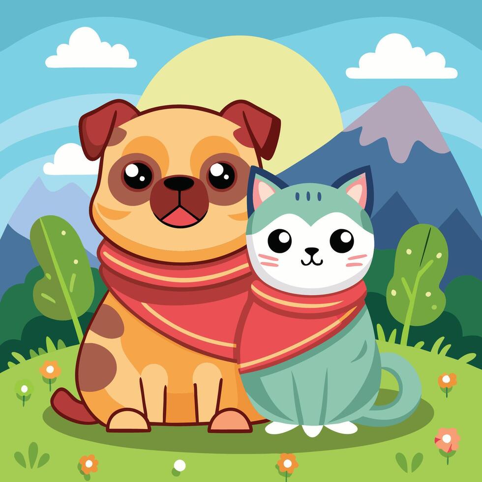 Adorable Pug and Cat Snuggle Together Under a Cozy Blanket vector