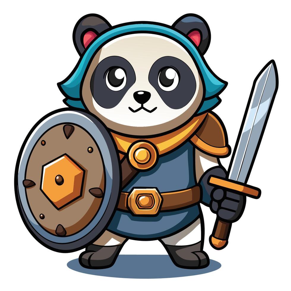 Adorable Cartoon Panda Knight Standing Guard with Shield and Sword vector