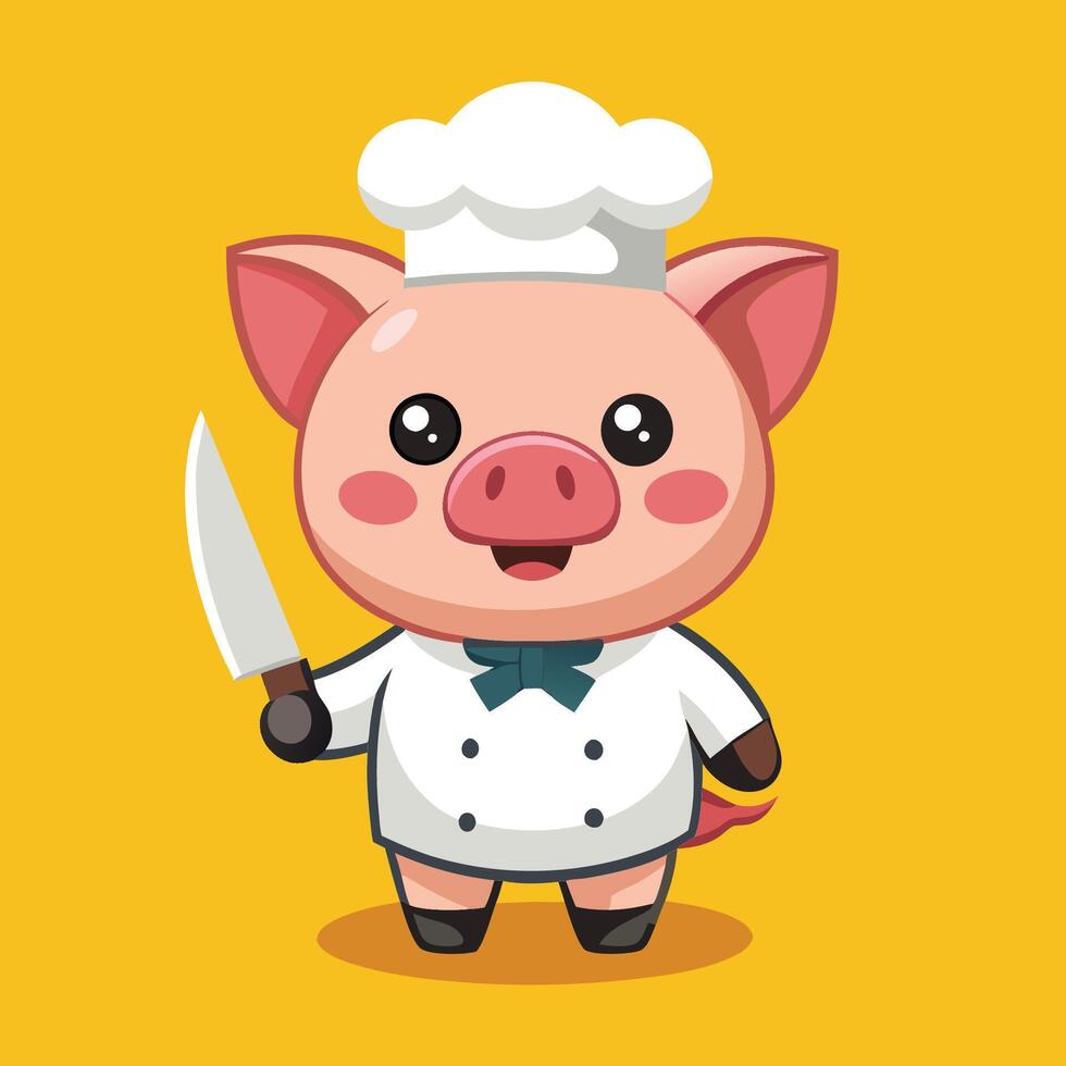Cute and Cartoonish Pig Chef Brandishing a Knife vector