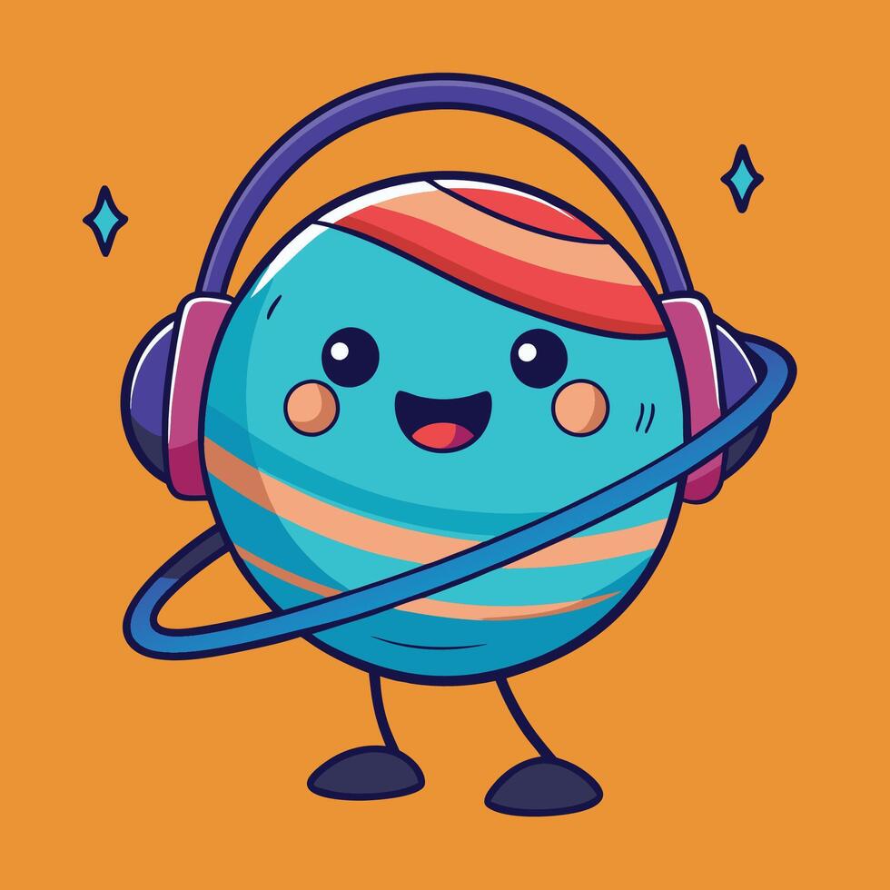 Adorable Planet Enjoys Music with Headphones in an Intergalactic Adventure vector