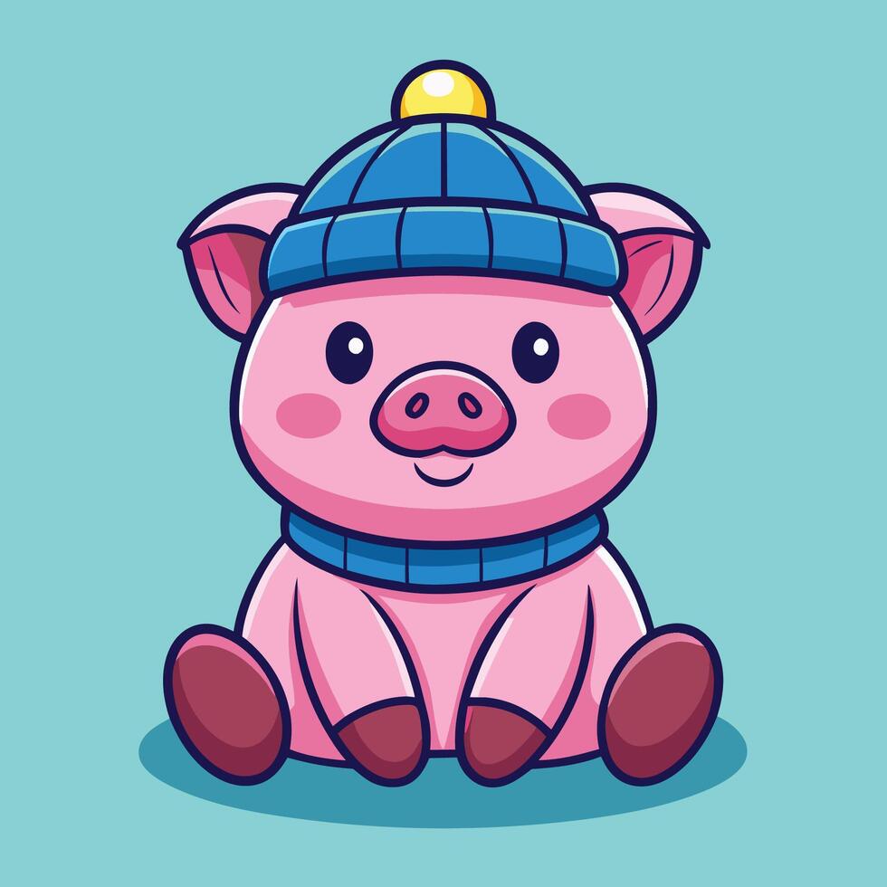 Adorable Cartoon Pig in a Beanie Hat Posing While Sitting vector