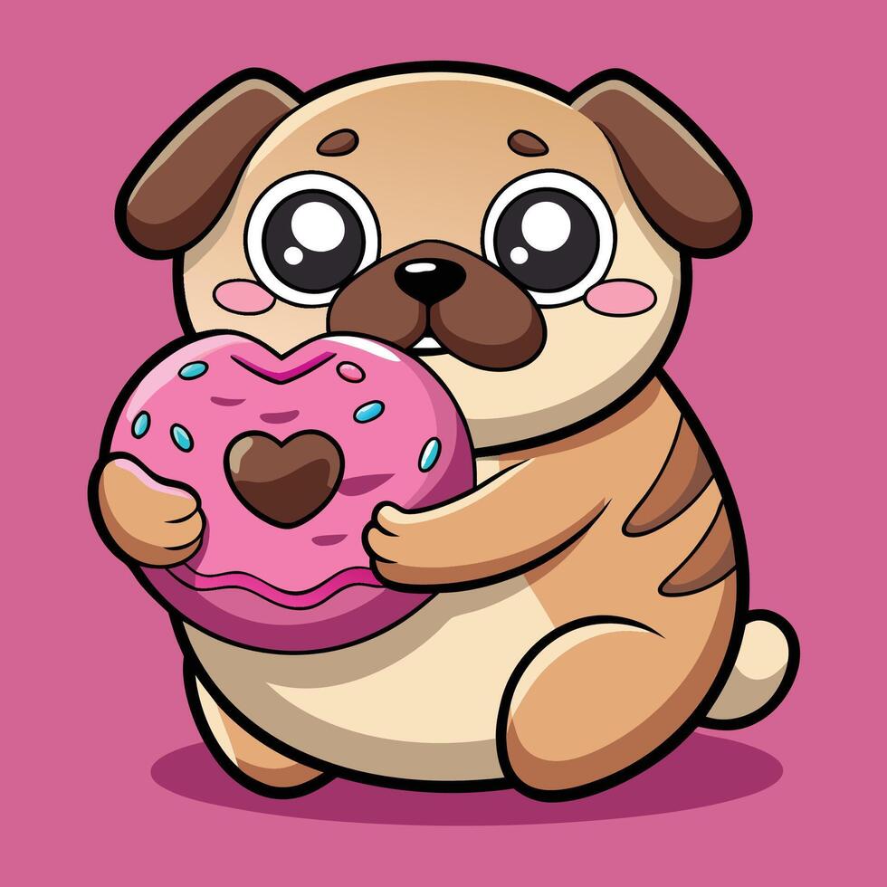 Adorable Pug Enjoys Scrumptious Doughnut in Loving Embrace vector