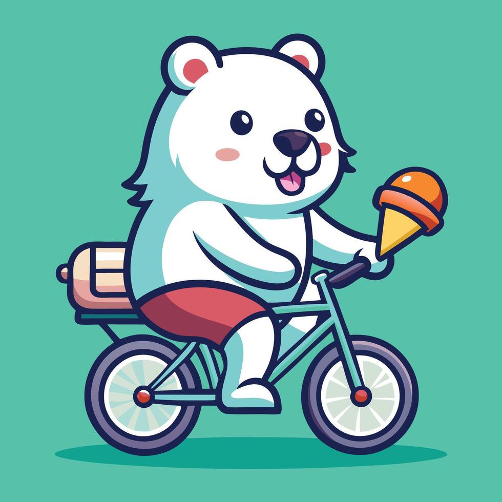 Cool and Cuddly Adorable Polar Bear Enjoys Bicycle Ride with Ice Cream Cone vector