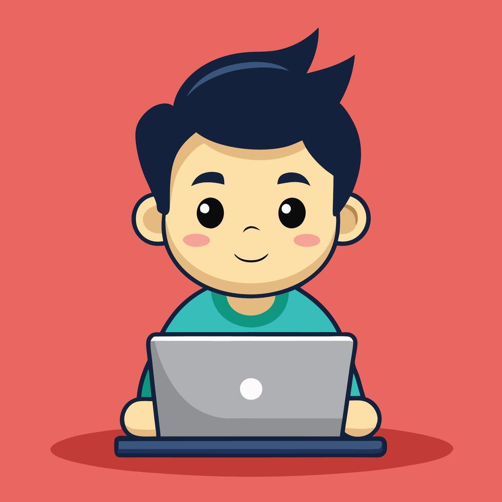Adorable Cartoon Icon Depicting a Male Working Diligently on a Laptop vector