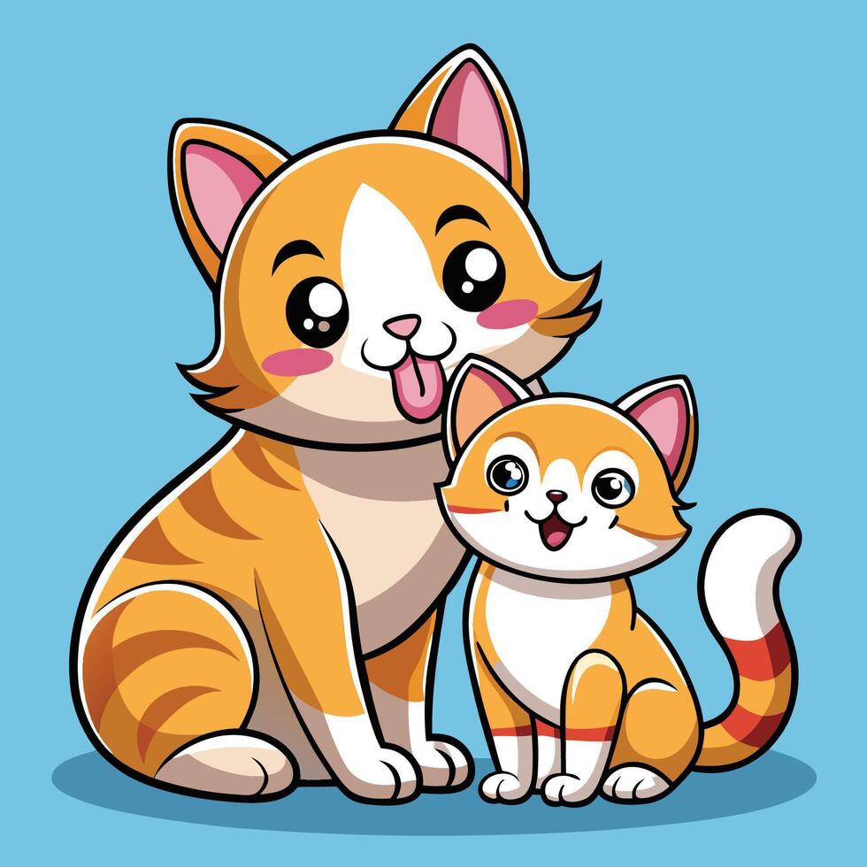 Adorable Mother Cat Showering Kitten with Affection in Cartoon Illustration vector