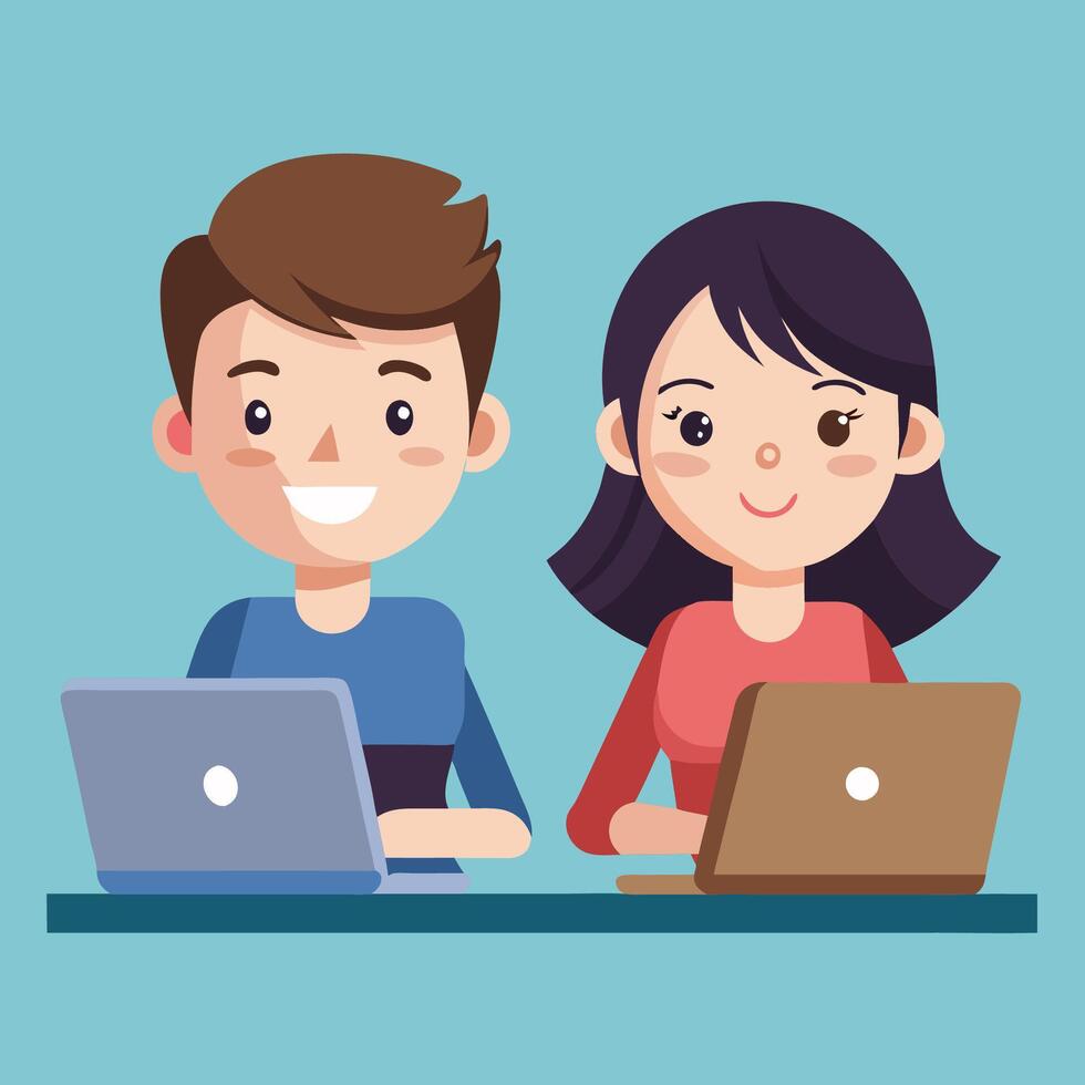 Charming Couple Collaborating on a Laptop Project Together vector