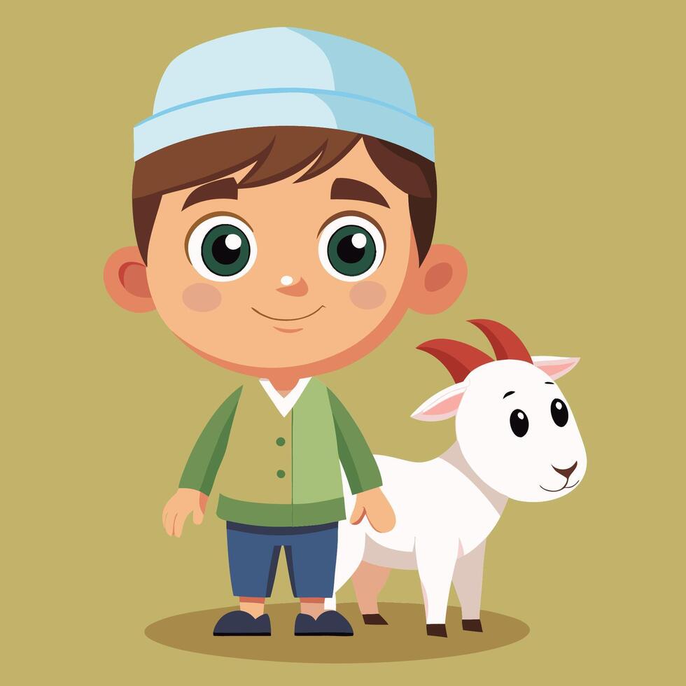 Adorable Muslim Boy Cartoon Character Accompanied by a Friendly Goat vector