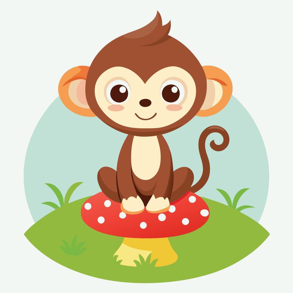 Adorable Monkey Resting Comfortably on a Vivid Mushroom Icon vector