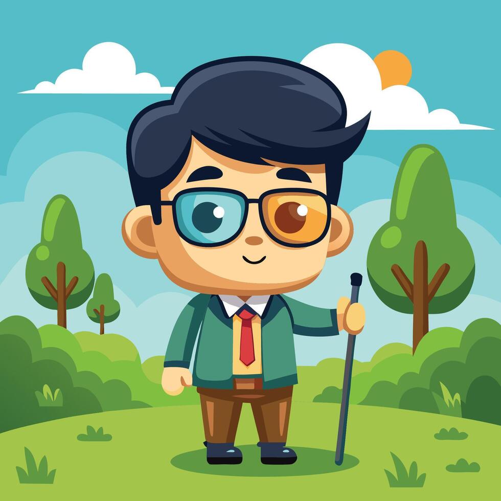 Adorable Blind Man with Glasses and Cane Animated Illustration vector