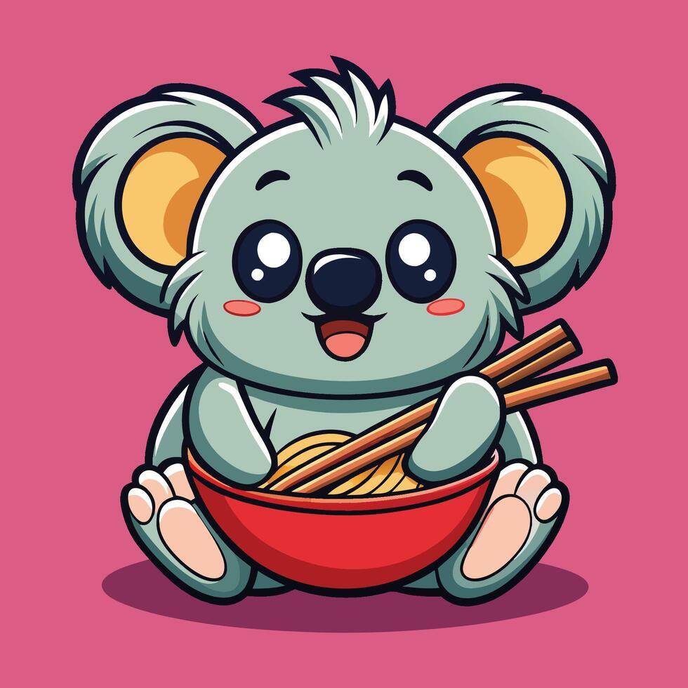 Adorable Koala Munching Ramen Noodles with Chopsticks in a Cart vector