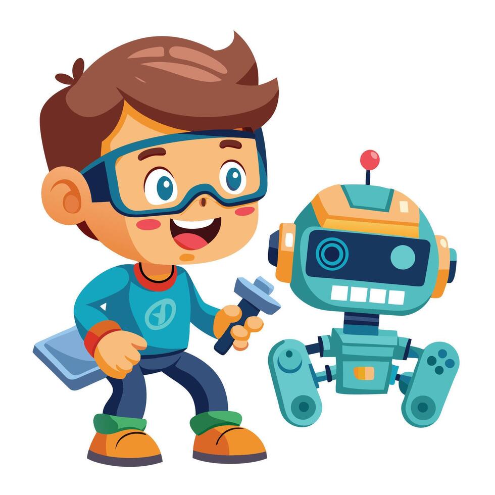 Cute Boy Immersed in Virtual Reality Adventure with Robotic Companion vector