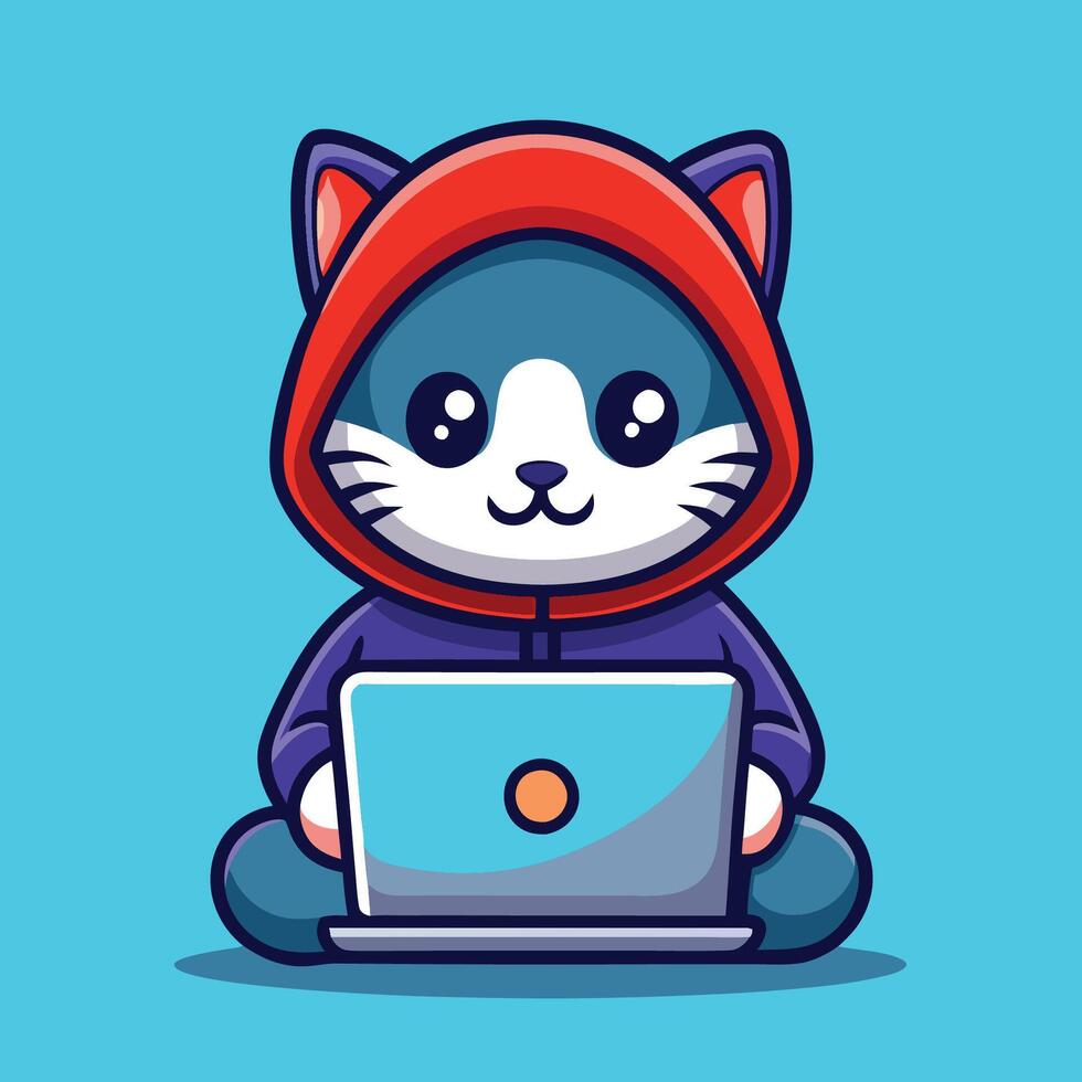 Amusing Cartoon of a Cat Hacker Operating a Laptop vector