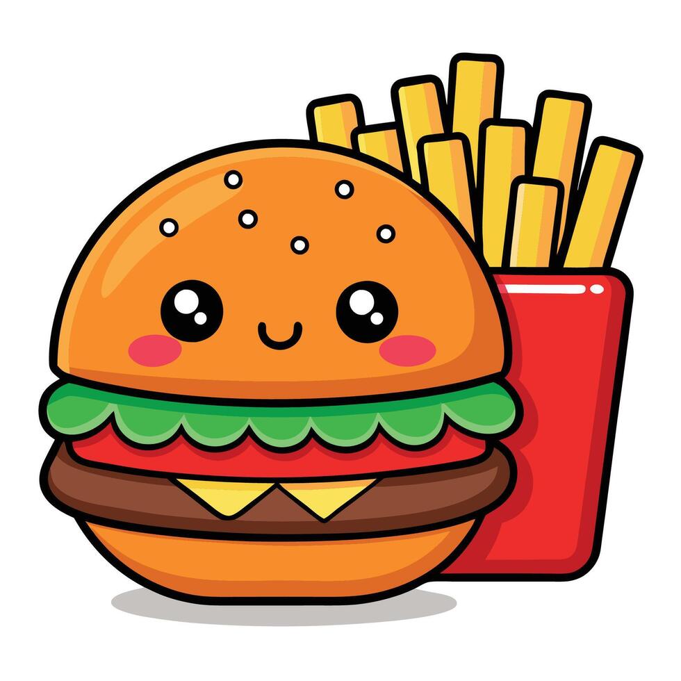 Adorable Burger and Fries Cartoon Buddies with Joyful Expressions vector