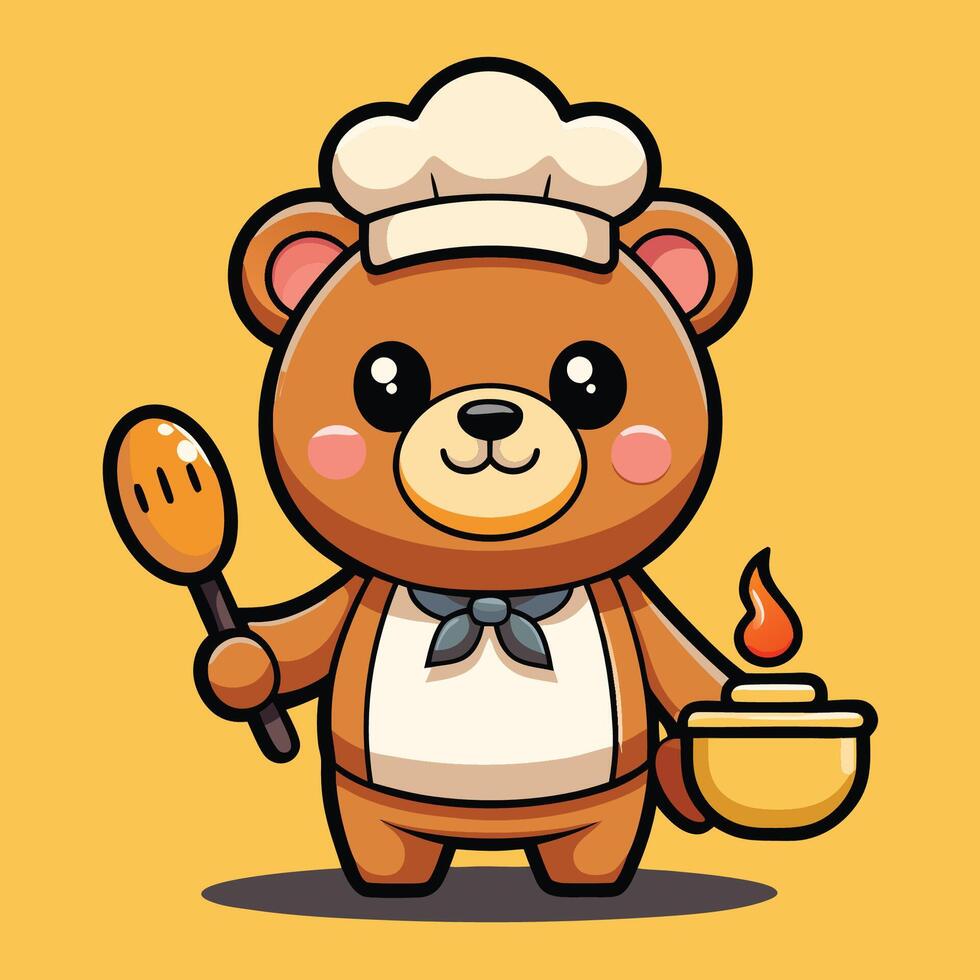Adorable Bear Chef in a Chef s Hat Cooking Honey with Cooking Utensils vector