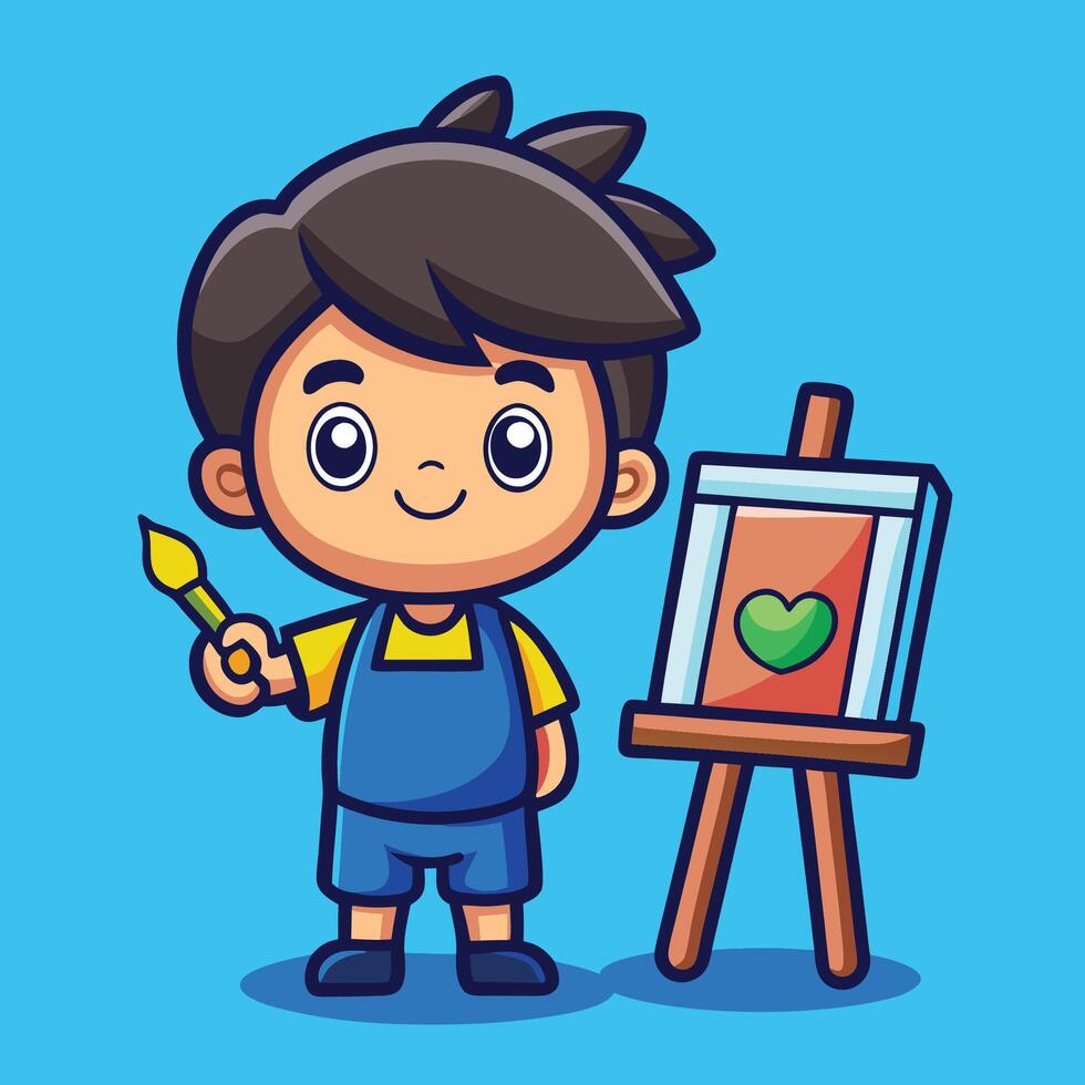 Adorable Boy Artist Creating a Masterpiece in Cartoon Style vector