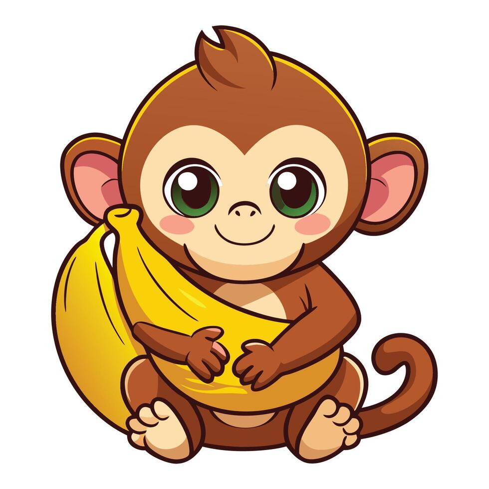 Adorable Baby Monkey Embracing Banana Cartoon Illustration vector