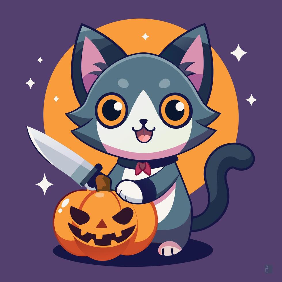Cute Cat in a Pumpkin Costume Holding a Knife for Halloween Caricature vector