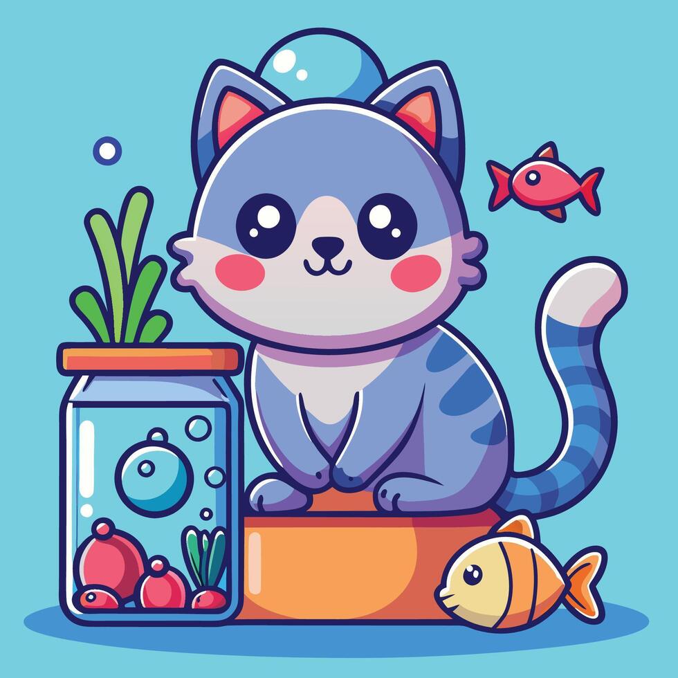 Animated Adventures Curious Cat Toying with Fish in Aquarium vector