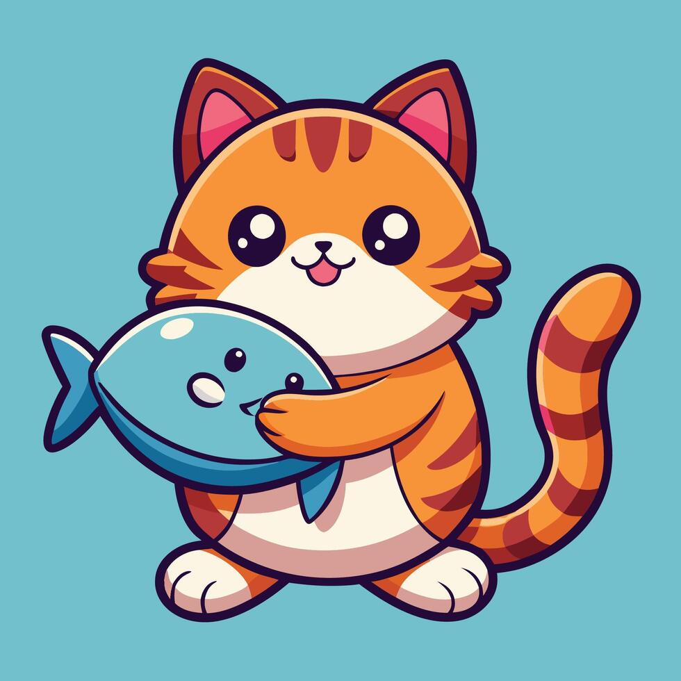 Cute Cat Hugging a Fish Adorable Cartoon Illustration vector