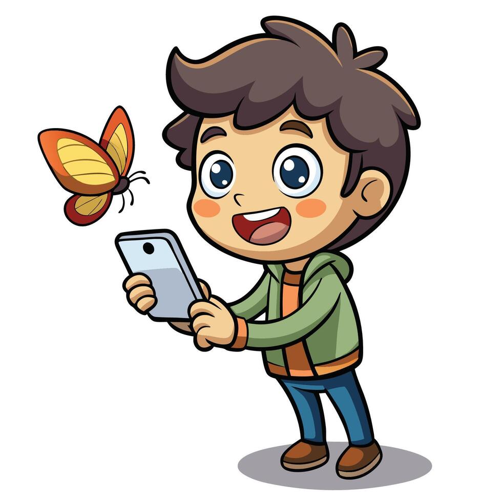 Cute Boy Captures Butterfly with His Mobile Device vector