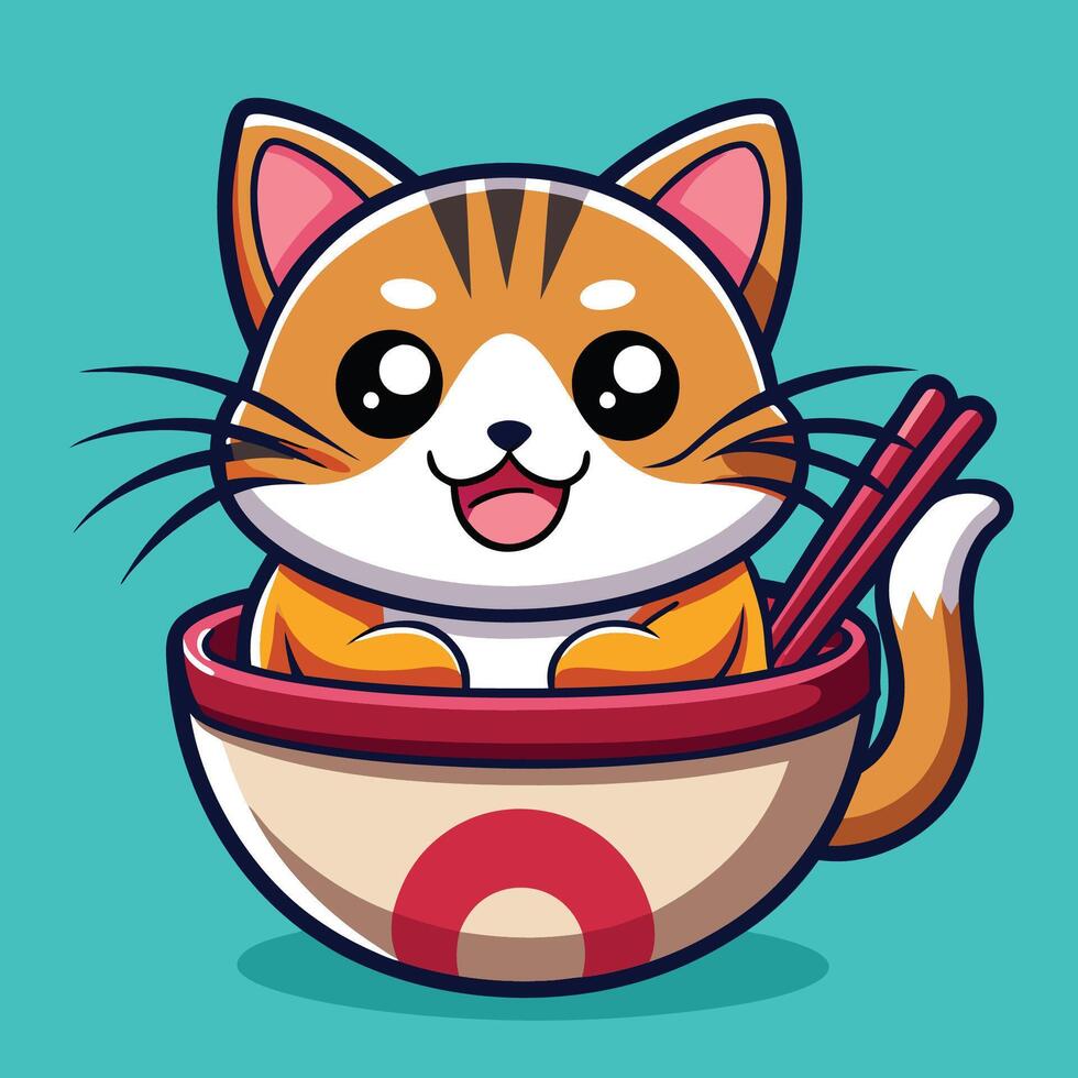 Adorable Cartoon Illustration of a Cute Cat Enjoying a Bowl of Ramen Noodles vector
