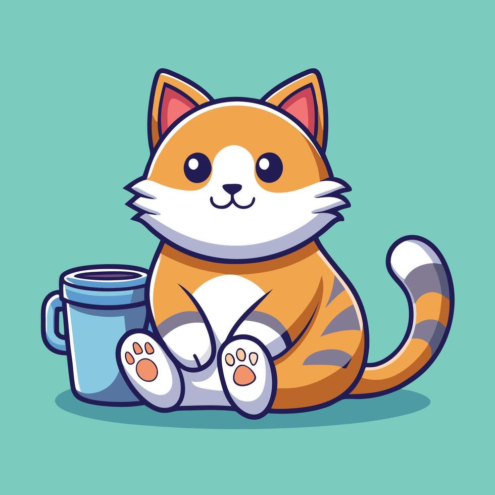 Adorable Cartoon Cat Lounging with a Warm Cup of Coffee vector