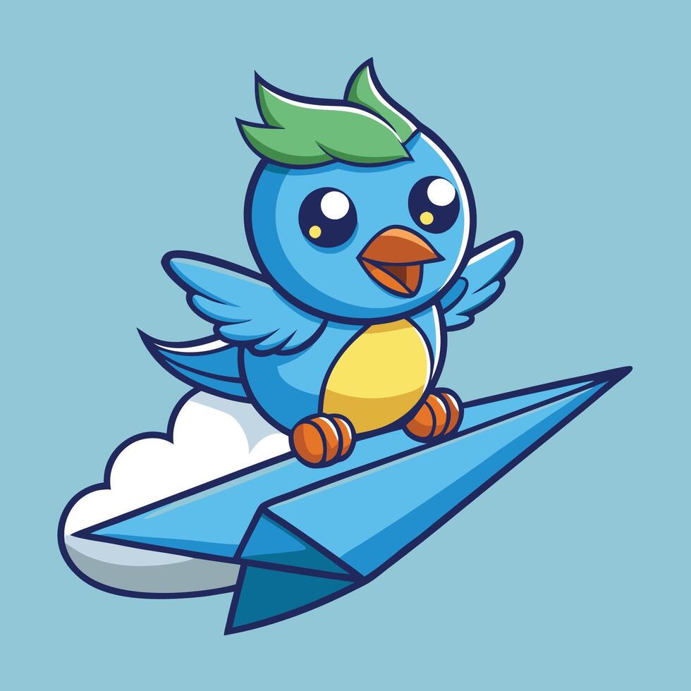 Adorable Bird Soaring on a Paper Airplane a Cartoon Icon of Adventure and Imagination vector