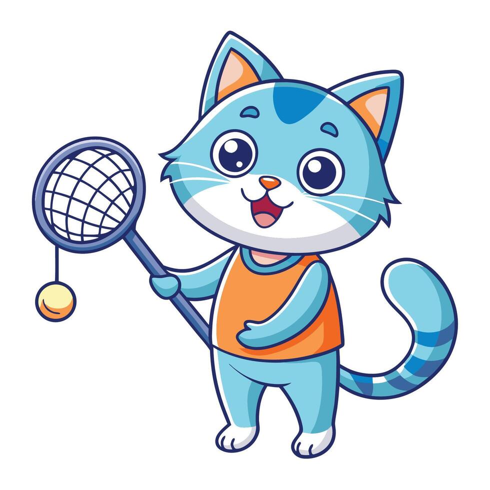 Cute Cat s Fishing Adventure Catching a Fish with a Net vector