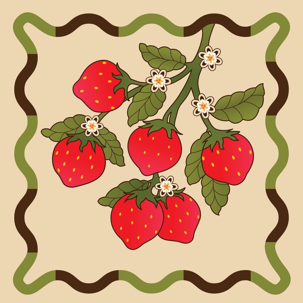 Fresh And Ripe Strawberries With Vibrant Red Color Lush Green Leaves vector