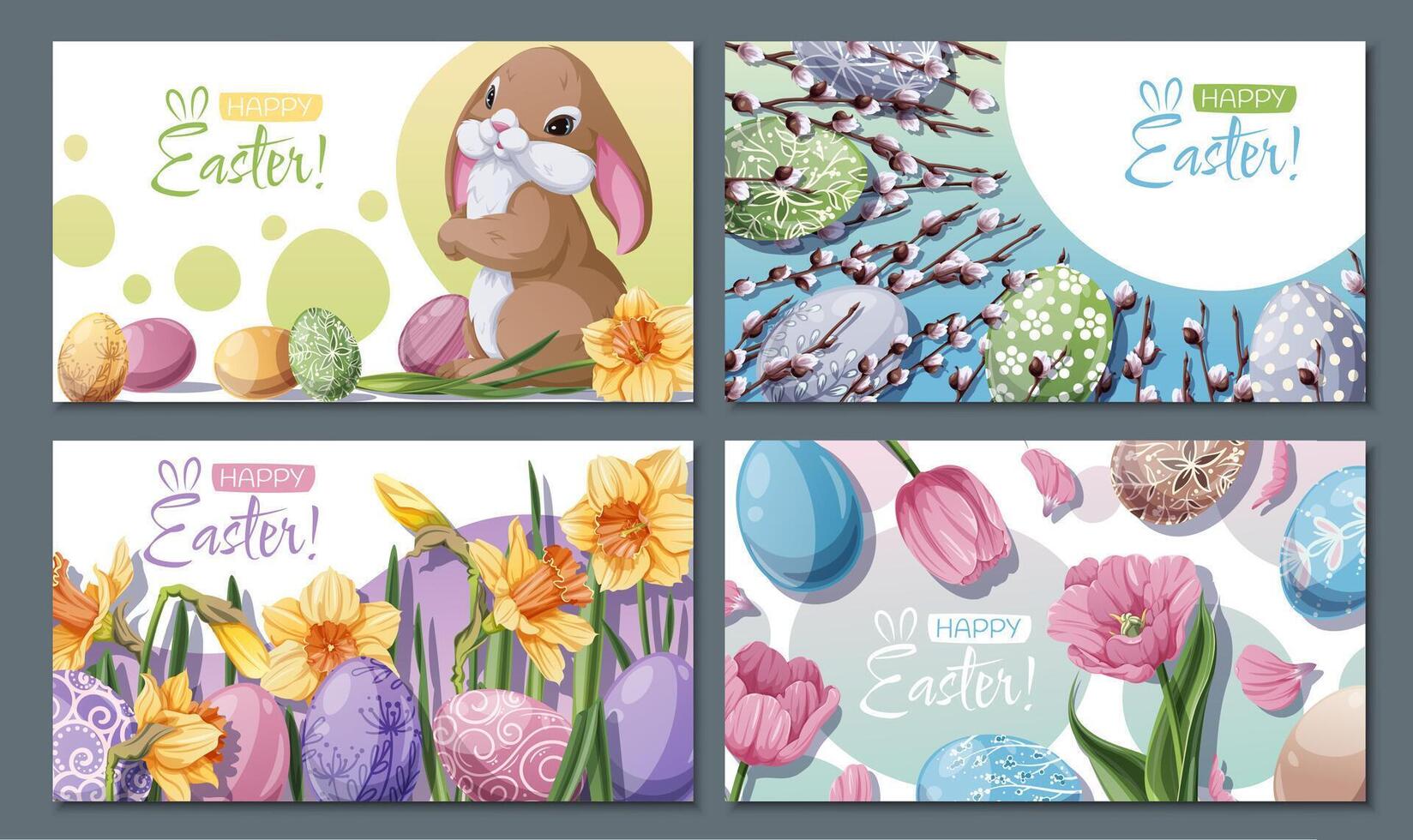 Happy Easter Sale Banner Set with Bunny, Daffodils, Willow Branches, Tulips, and Eggs. Spring Holiday Promo Kit for Social Media, Posters, Flyers, and Digital Ads. Festive Illustrations vector