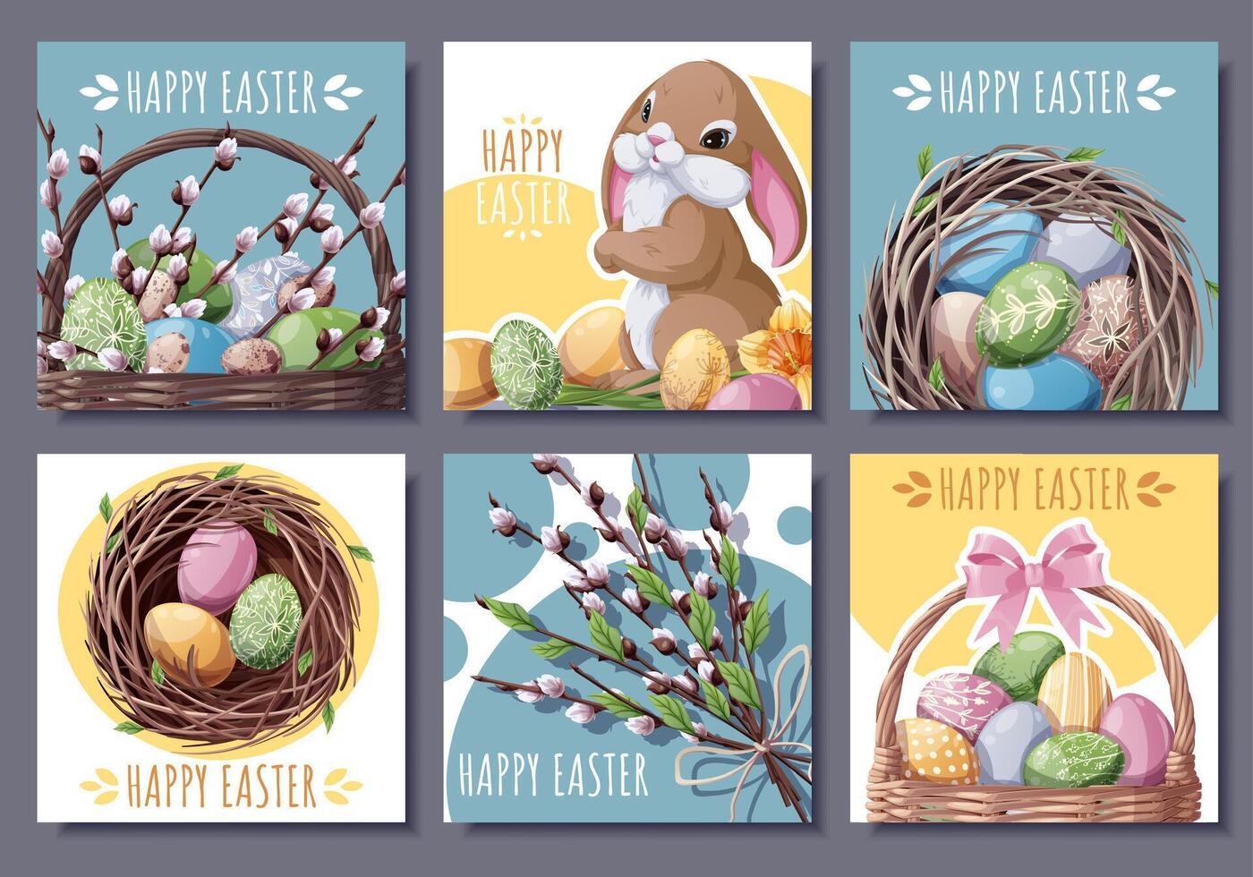 Happy Easter Square Card Set with Cute Bunny, Eggs in Nest, Basket and Willow Branches. Perfect for Banners, Posters, Social Media, and Festive Decor. Cheerful Illustrations. vector