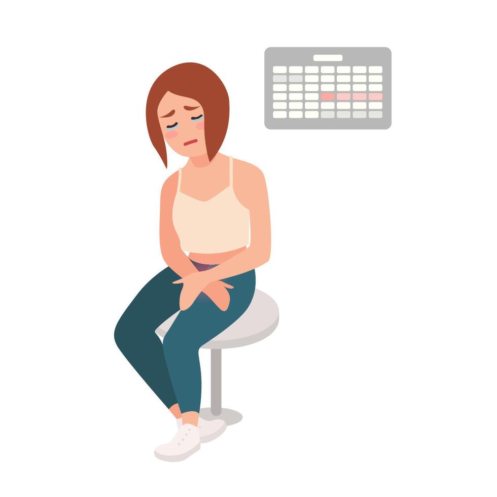 Sad girl sitting on stool with her hands on belly, suffering from menstrual pain and cramps, crying against calendar hanging on wall on background. Colorful illustration in flat cartoon style. vector