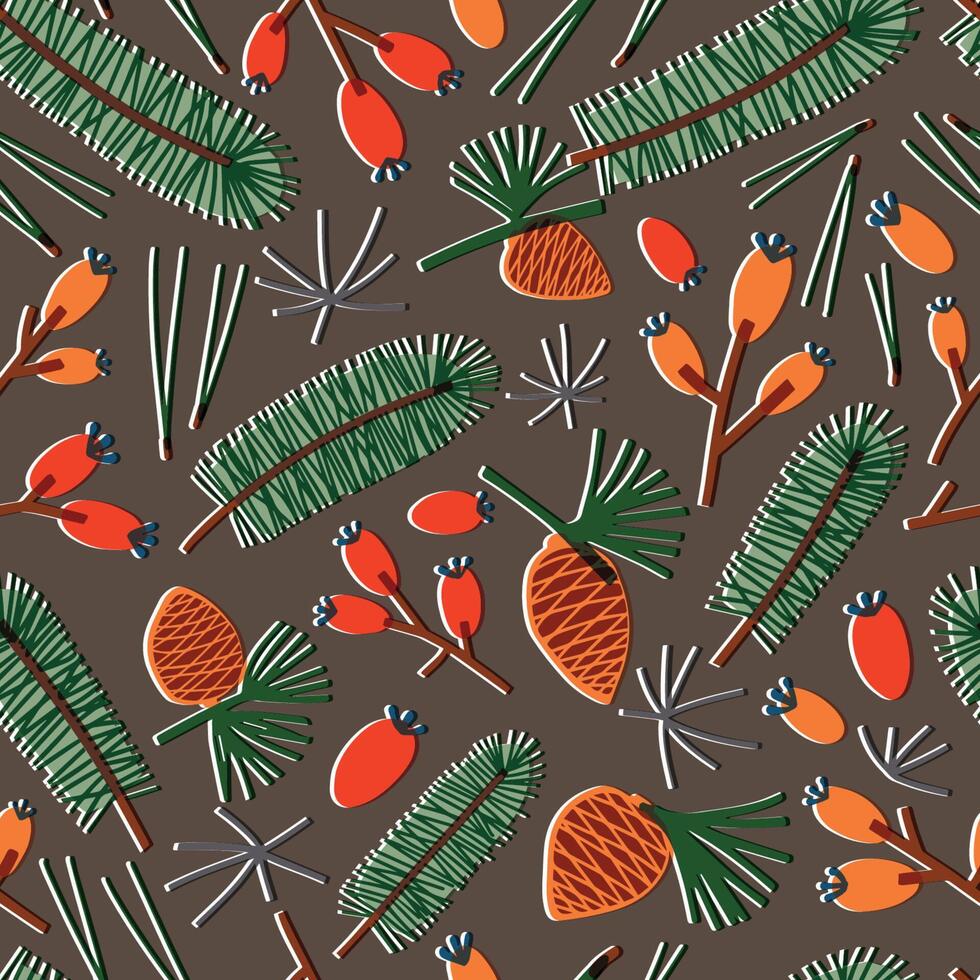 Natural seamless pattern with fir needles, branches of coniferous tree, pine cones, berries on dark background. Forest backdrop. Autumn illustration in flat style for fabric print, wallpaper. vector