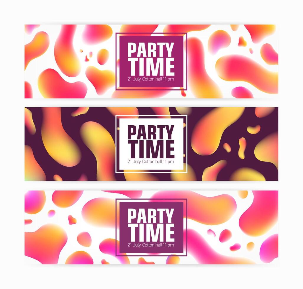 Bundle of stylish horizontal web banner templates with futuristic holographic texture and place for text. Modern colorful illustration for party announcement, event promotion, advertisement. vector