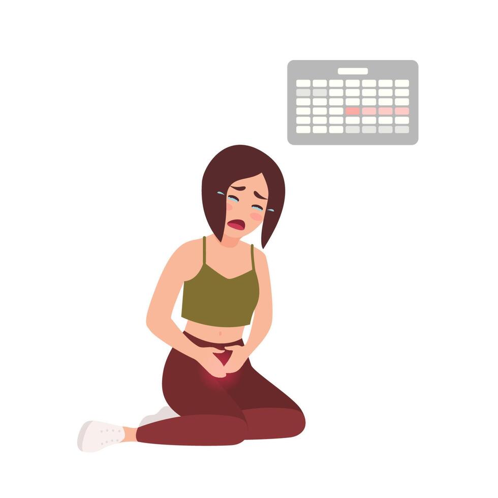 Young woman suffering from painful menstruation against calendar hanging on wall on background. Distressed girl sitting on floor with her hands on tummy and crying. Flat cartoon illustration. vector