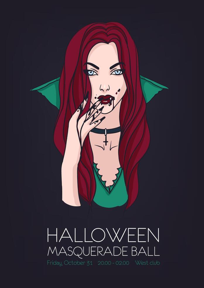 Poster, flyer or invitation template for Halloween masquerade ball with beautiful vampire woman on dark background. Realistic illustration for event announcement, advertisement, promotion. vector