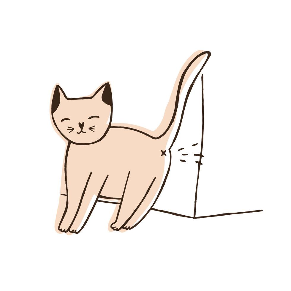 Bad cat urinating on wall isolated on white background. Naughty kitty leaving urine marks at home. Problem of disobedience of domestic animal or pet. Hand drawn illustration in doodle style. vector