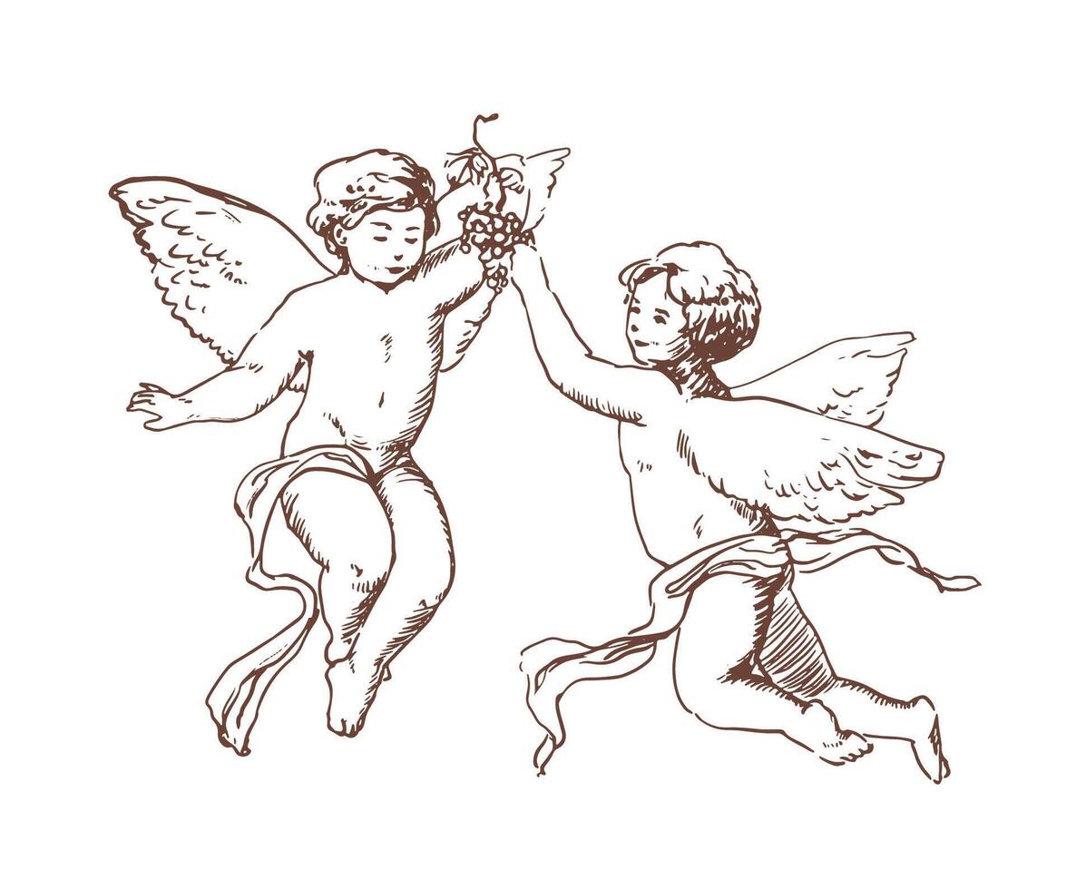 Pair of flying Cupids or angels carrying bunch of grapes hand drawn with contour lines on white background. Gods of love or mythological creatures with wings. Monochrome illustration. vector