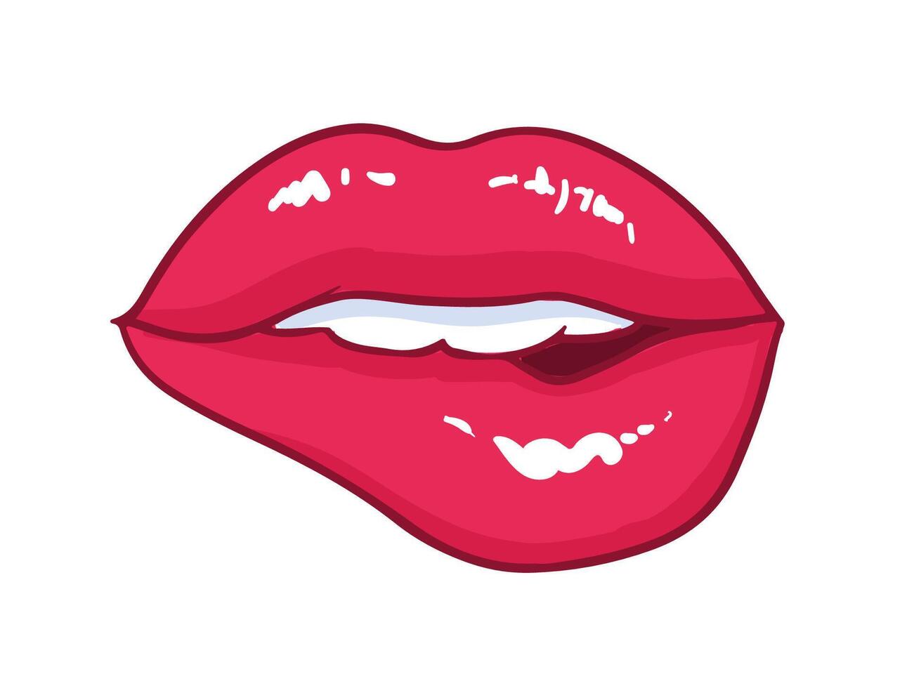 Sexy mouth with bright red glossy bitten lips isolated on white background. Symbol of love, kiss, passion and sexual desire. Beautiful romantic design element. Comics cartoon illustration. vector