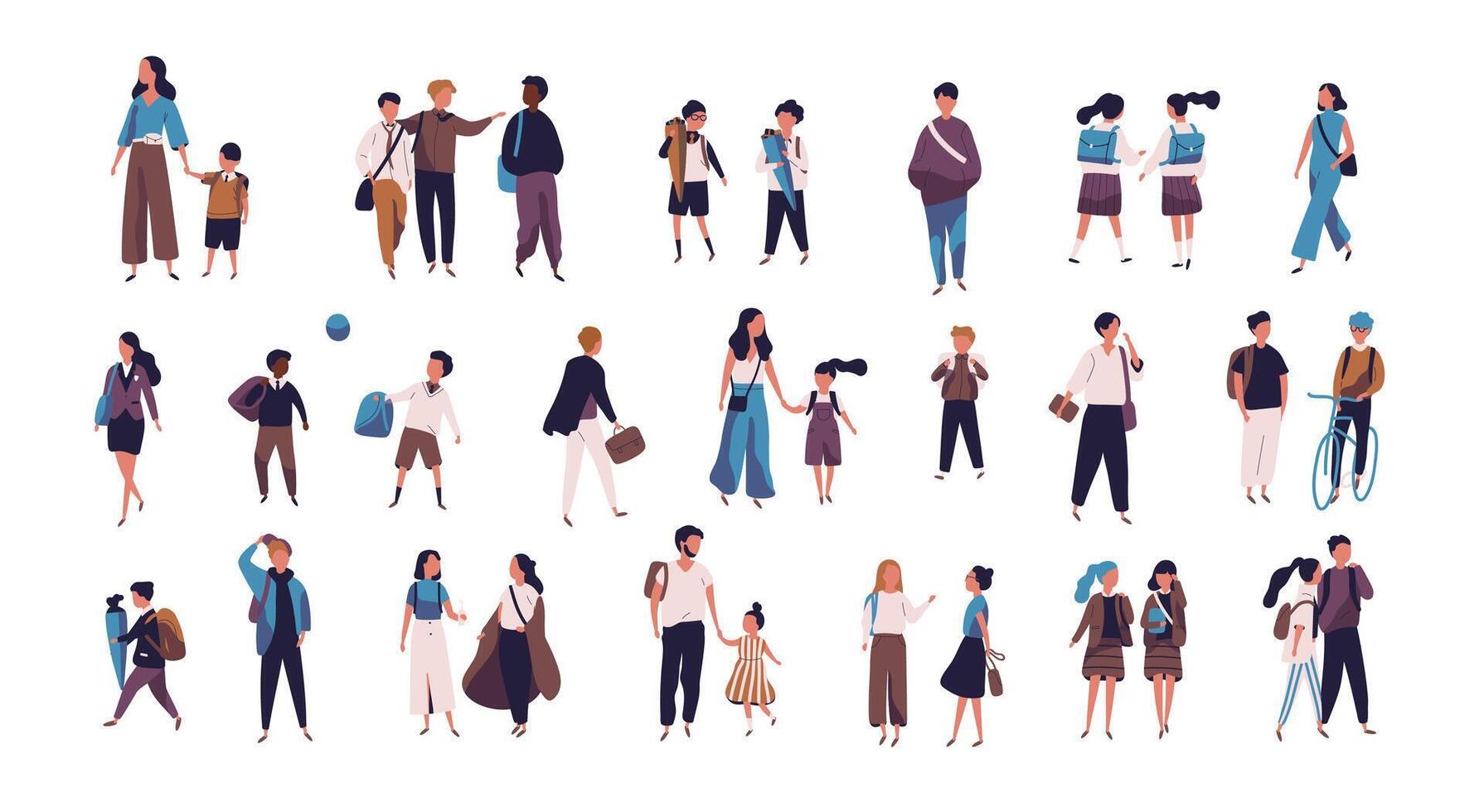 Crowd of pupils, school children with parents and students going to school, college or university. Tiny people on street isolated on white background. Colorful illustration in flat style. vector