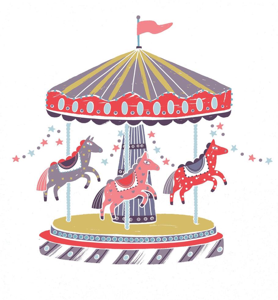 Retro style carousel, roundabout or merry-go-round with adorable horses isolated on white background. Amusement ride for children or kids decorated with star garlands. Cartoon illustration. vector
