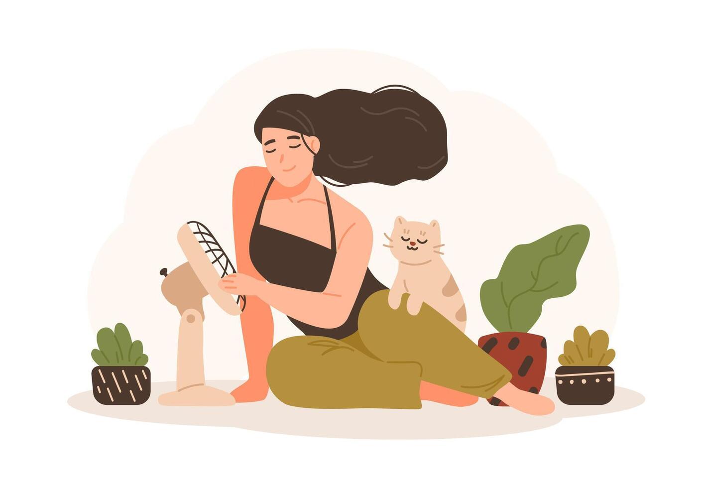 Portrait of smiling woman sitting on floor with her pet cat and using electric fan to cool down. Adorable cartoon character isolated on white background. Colorful illustration in flat style. vector