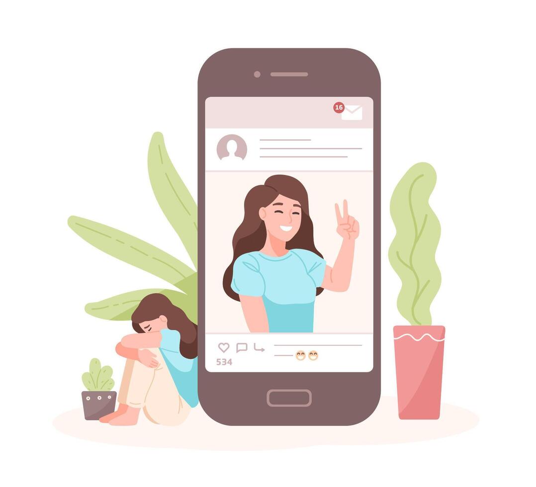 Portrait of smiling woman on smartphone screen against crying one on background. Concept of fake life on social media or network. Imitation of happiness, welfare, success. Cartoon illustration. vector