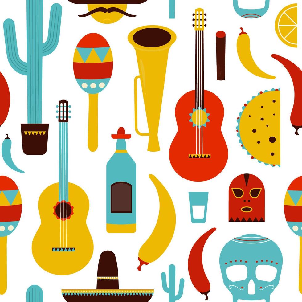 Motley Mexico seamless pattern with traditional Mexican items on white background - tequila, Lucha libre mask, chili pepper, sombrero, cactus, cigar, maracas, sugar skull. Flat illustration. vector