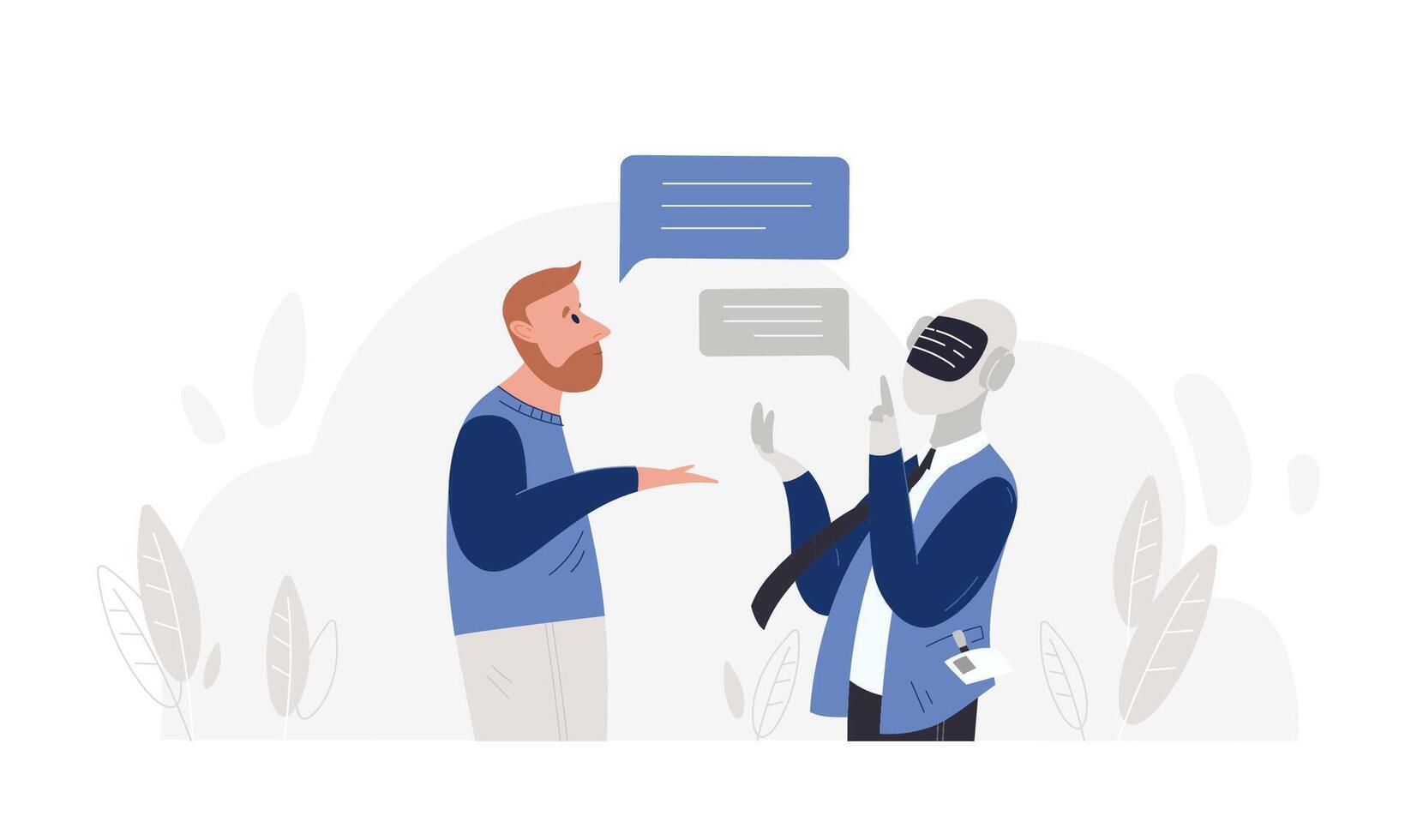 Man talking to robot isolated on white background. Conversation between guy and android, dialog with artificial intelligence. Concept of chatbot, technical support. Flat cartoon illustration. vector