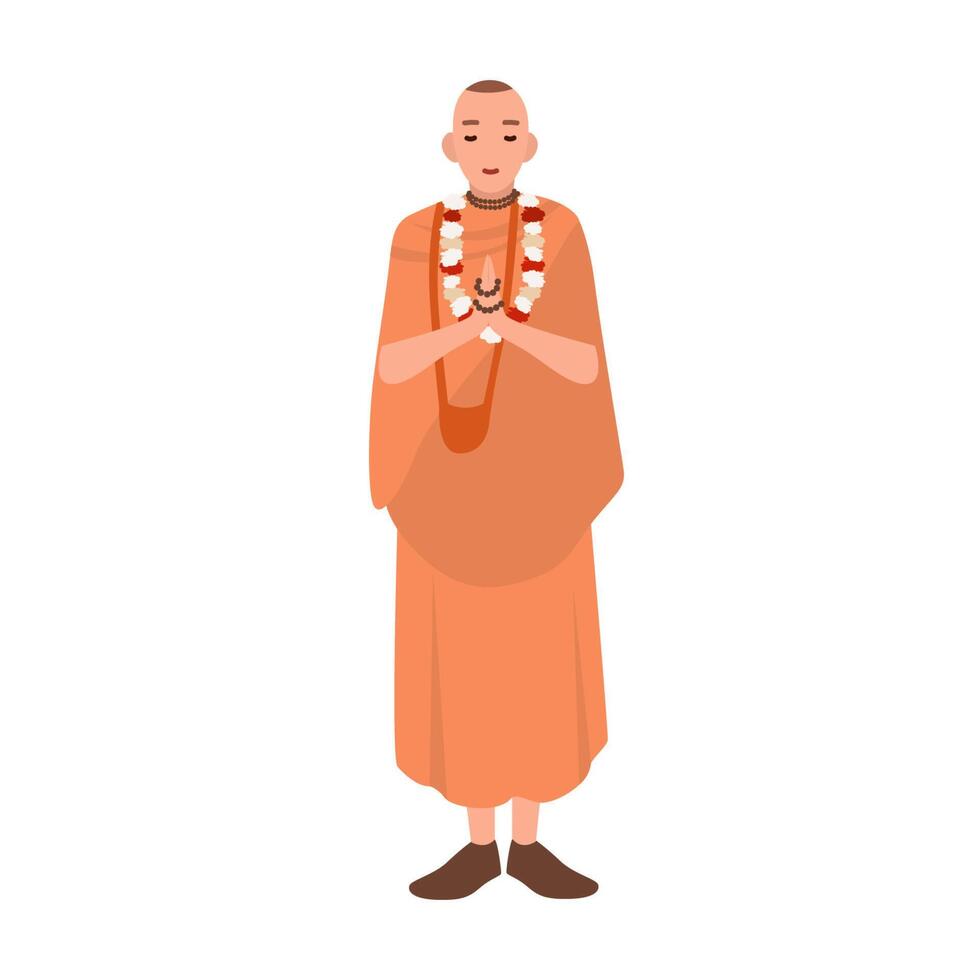 Vaishnav or krishnait dressed in traditional clothes standing and praying. Clergyman, cleric or religious leader. Male cartoon character isolated on white background. Colorful illustration. vector