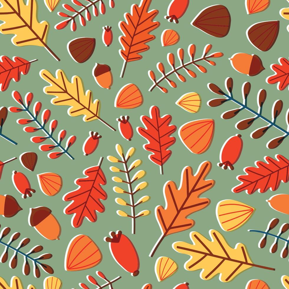 Seasonal seamless pattern with fallen autumn leaves, branches, berries and acorns on green background. Motley fall backdrop. Natural illustration for wrapping paper, wallpaper, textile print. vector