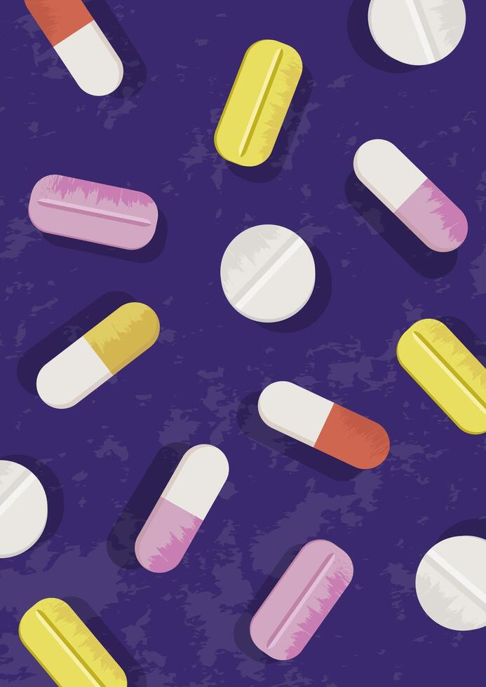 Medical pills and capsules background. Pharmaceutical theme textured design for web banner, social media, wallpaper, cover. vector