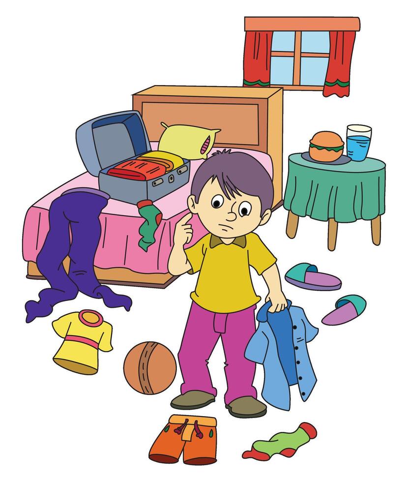 Little boy is throwing in clothes wet in the bedroom vector